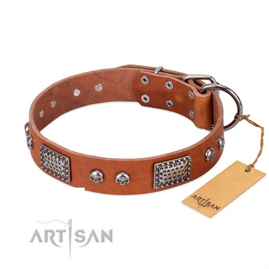'Sparkling Skull' FDT Artisan Tan Leather Dog Collar with Old Silver Look Plates and Skulls - 1 1/2 inch (40 mm) wide - Click Image to Close