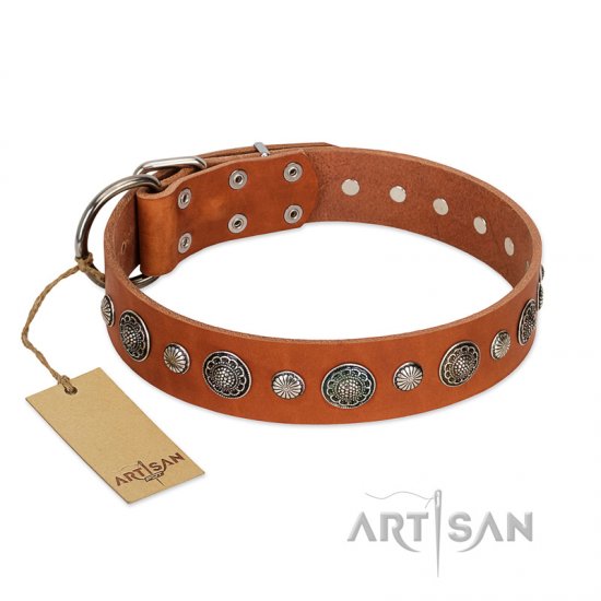 "Natural Beauty" FDT Artisan Tan Leather Dog Collar with Shining Silver-like Studs - Click Image to Close